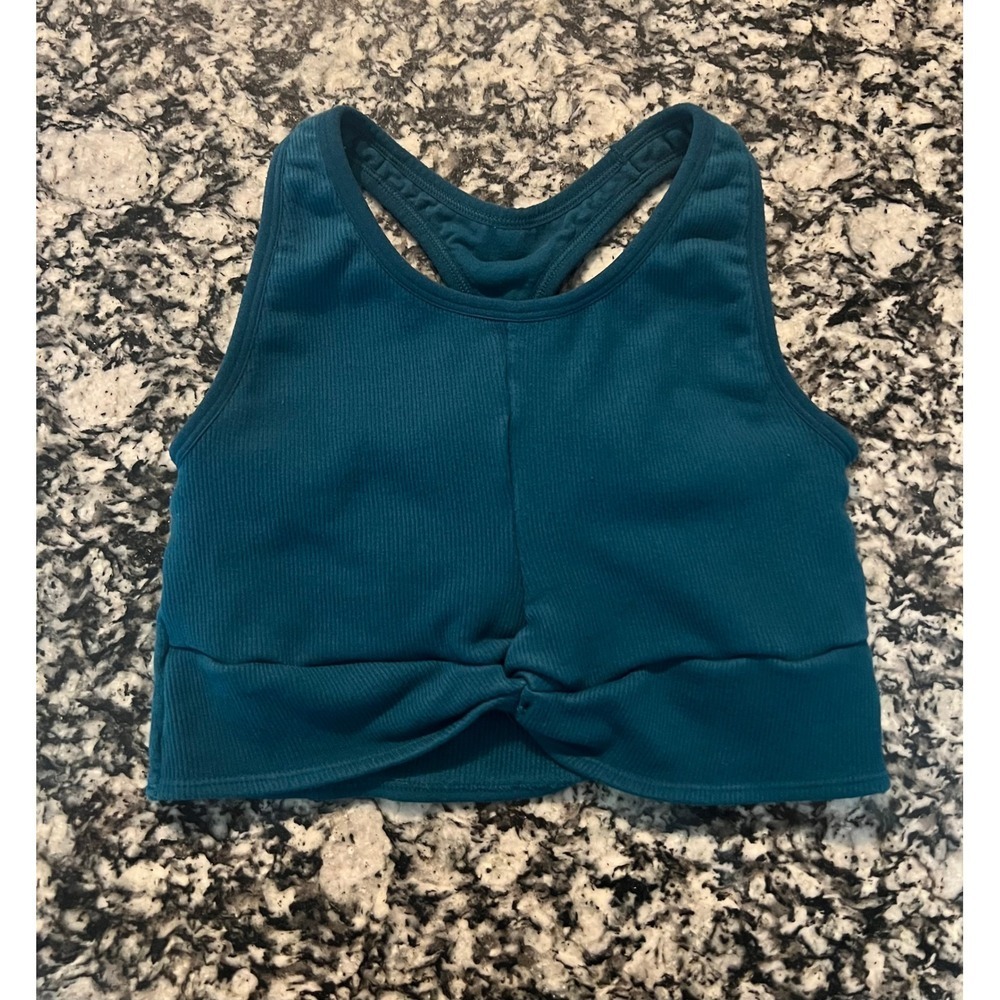 Fabletics Ribbed Twist Front Sports Bra Teal Blue Crop Yoga Top size S (0911) - Picture 3 of 7